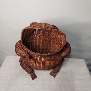 1960's MCM FROG Basket Bin Large 16" WICKER Rattan Glass Marble eyes Frog Toad